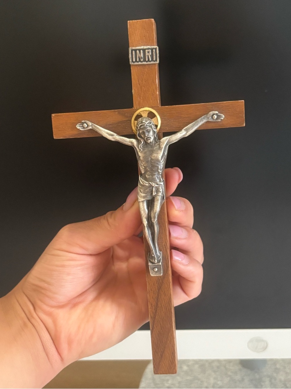 Wood and Metal Crucifix Wall Cross with Silver Corpus